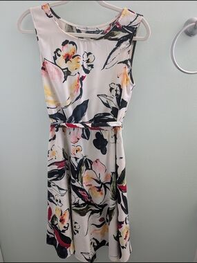 Sleeveless Watercolor Floral Midi Dress in White with Navy & Yellow Accents